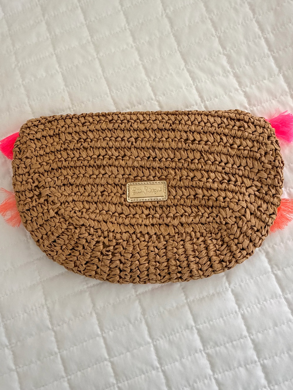 Lilly Pulitzer Ladies Straw Clutch with Pink, Blue & Coral Pom Tassels - Picture 2 of 4